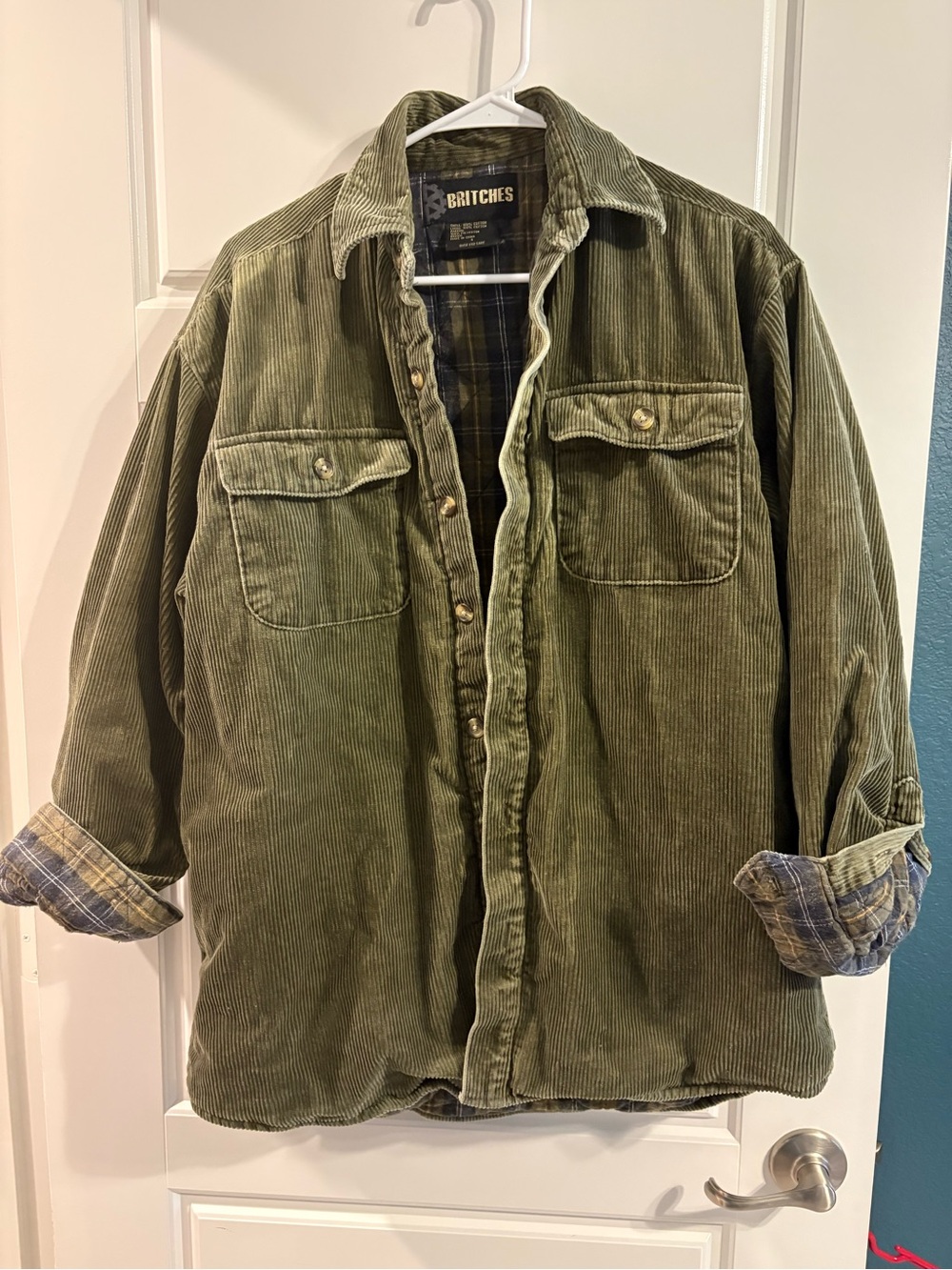 Britches Olive Corduroy Plaid Lined Workwear Shacket